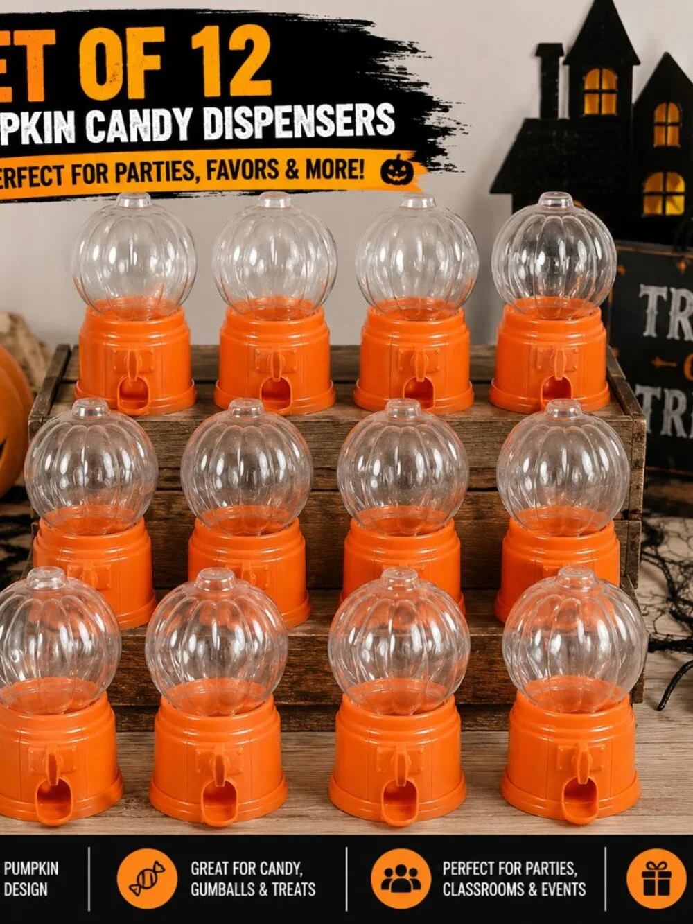 Halloween Pumpkin Candy Dispensers Set of 12 Orange Plastic Gumball Machines Par